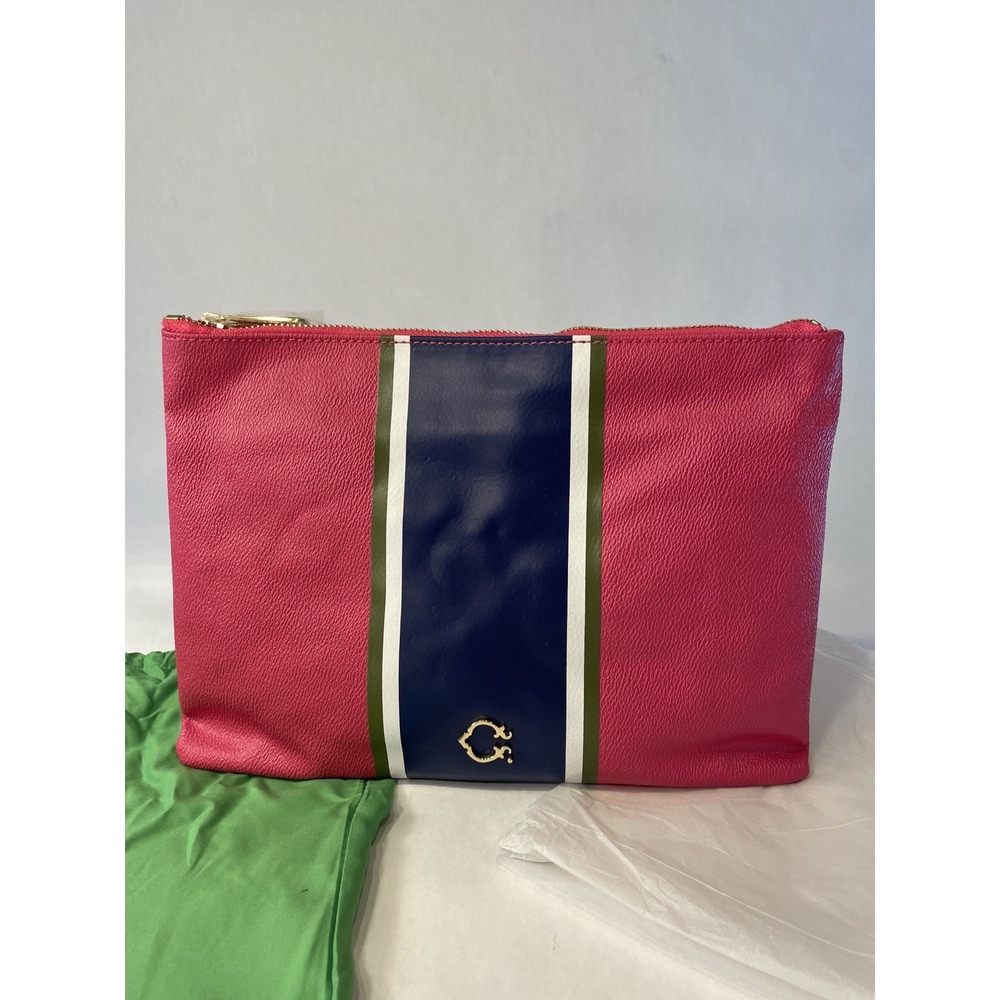 NWOT C Wonder Pink Navy White Green Striped Faux Leather Clutch Purse Bag 11x8"